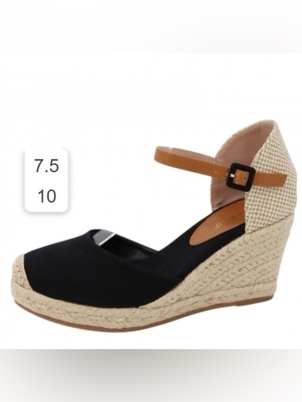 Black and Tan Espadrille Wedge Sandals with Ankle Strap
